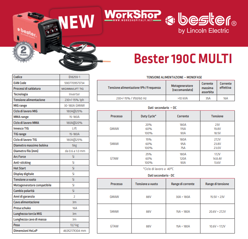 Saldatrice Lincoln BESTER 190c MULTI multiprocesso MIG, TIG lift e MMA