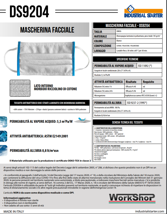 Mascherina facciale lavabile 50 volte in tessuto tecnico INDUSTRIAL STARTER