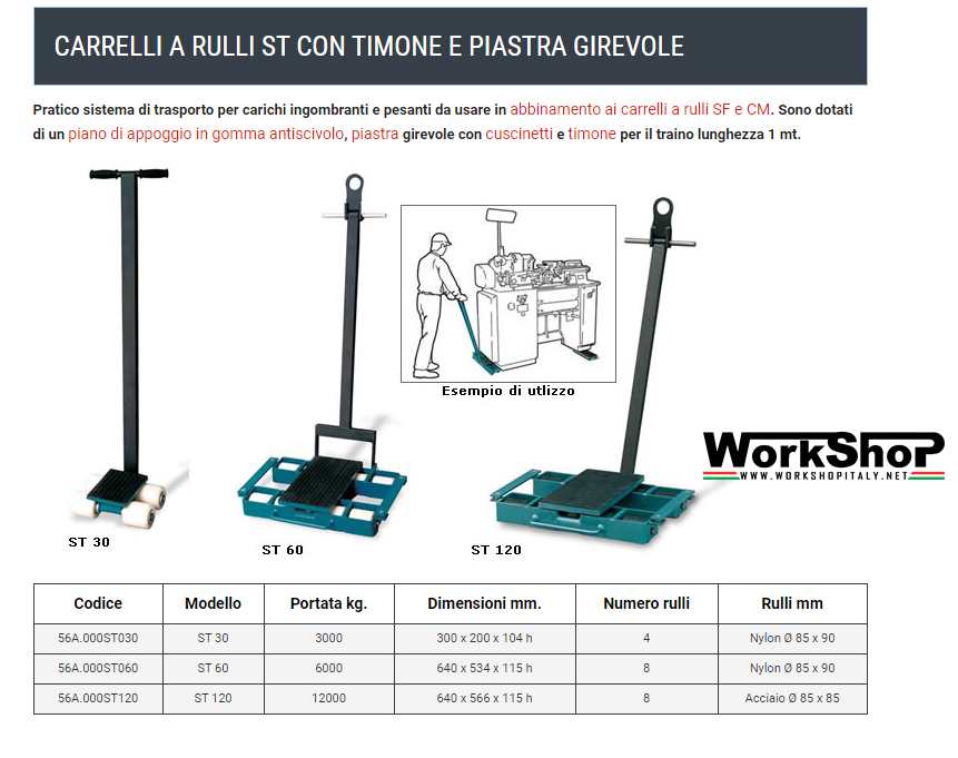 Carrelli a rulli con piastra girevole Barbero da 3 a 12 Ton.