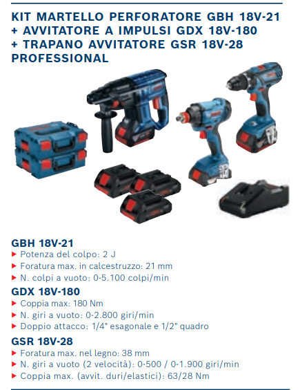 Kit 3 macchine Bosch GBH 18V-21 + GDX 18V-180 + GSR 18V-28 + 3 BATTERIE 4AH ProCore