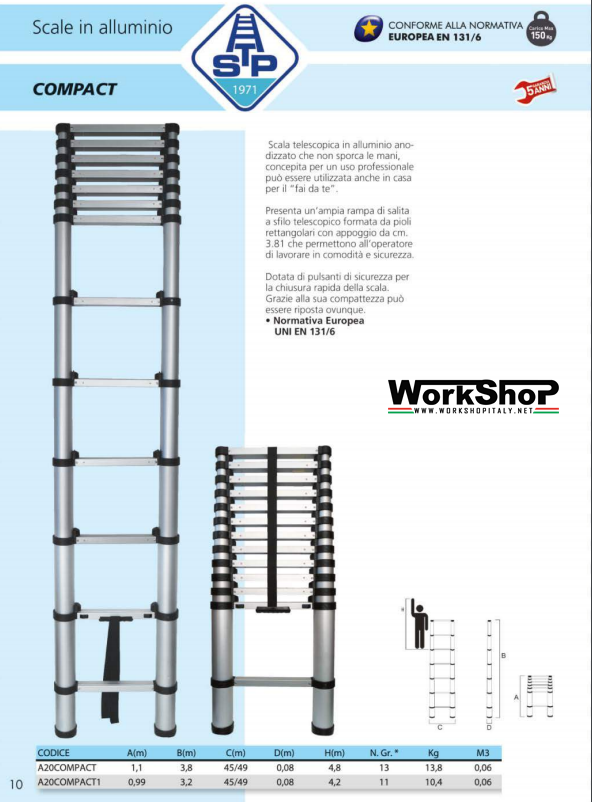 Scala alluminio Stp COMPACT telescopica 3,8mt. 3,2mt.