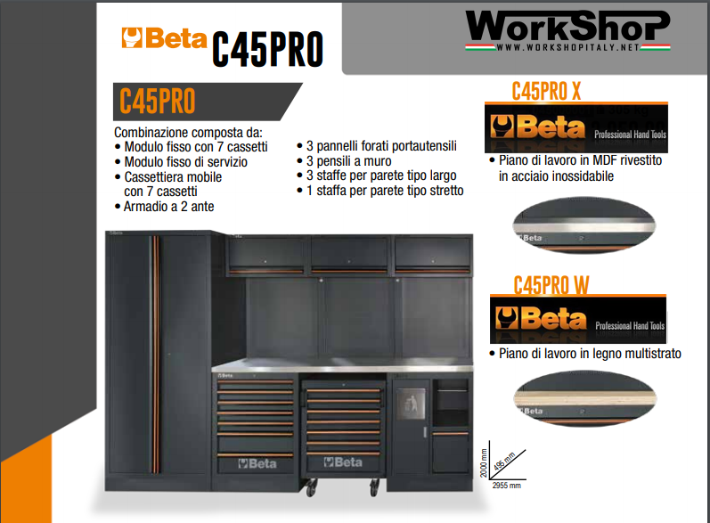 Arredo Officina Beta Utensili C45PRO XN piano inox SENZA CARRELLO ESTRAIBILE