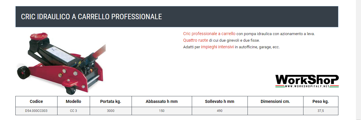 Cric idraulico professionale Barbero 3 Ton. CC3