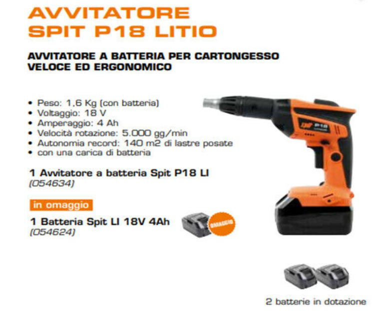 Avvitatore cartongesso Litio Spit P18 3 batterie 18v 4Ah + Caricabatterie