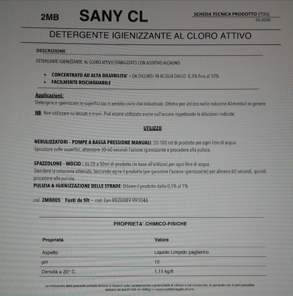 Igienizzante per superfici 5 litri SANY CL al cloro attivo Faren