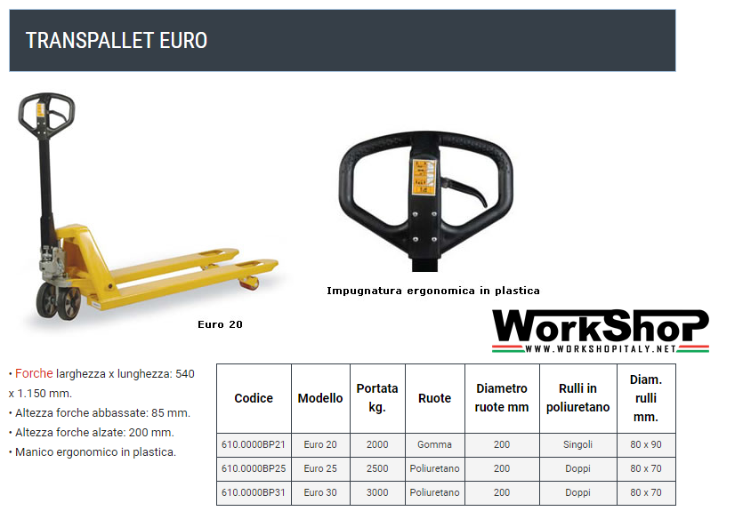 Transpallet Manuale Barbero Serie EURO da 2000 a 3000kg.