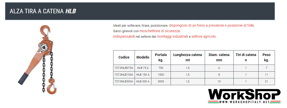 Alzatira a catena HLB Barbero da 750 a 3000 Kg.
