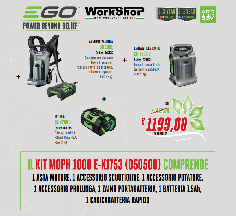 Zaino porta batteria Ego BH 1001 + Batteria 7,5Ah + Caricabatteria CH 5500 E