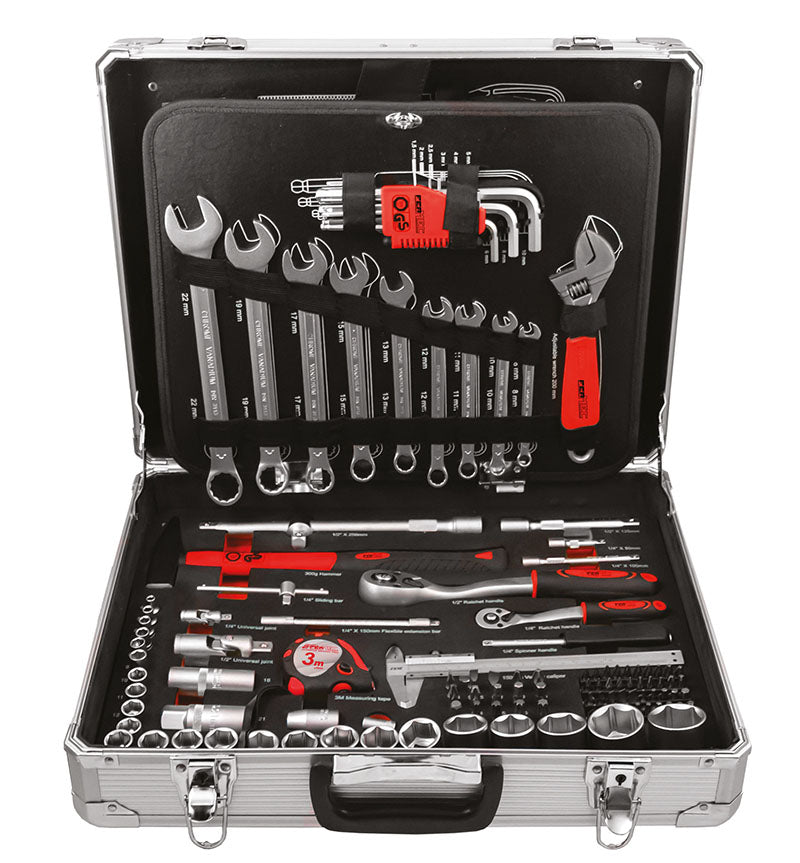 VALIGETTA IN ALLUMINIO CON 159 UTENSILI PROFESSIONALI + BUSSOLE DA 1/4” + 1/2” IDEALE PER ASSISTENZA E MANUTENZIONE Fermec FM24159