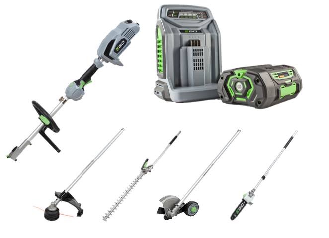 MULTIUTENSILE EGOPOWER+ KIT COMPLETO DI DECESPUGLIATORE, POTATORE, TAGLIASIEPI, TAGLIABORDI, BATTERIA E CARICABATTERIA + BORSONE