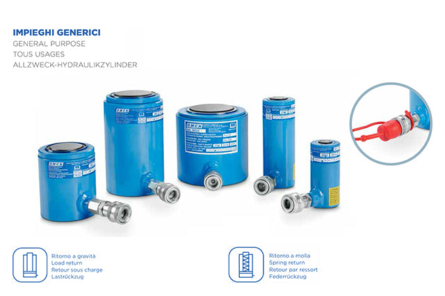 Cilindri idraulici a semplice effetto OMCN da 5 a 50 Ton . ritorno a Molla serie Media