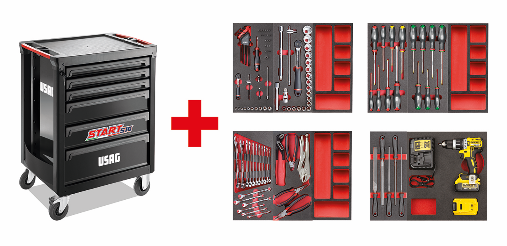 Carrello Usag 516 START con assortimento MANUTENZIONE 113 pz con avvitatore DeWalt