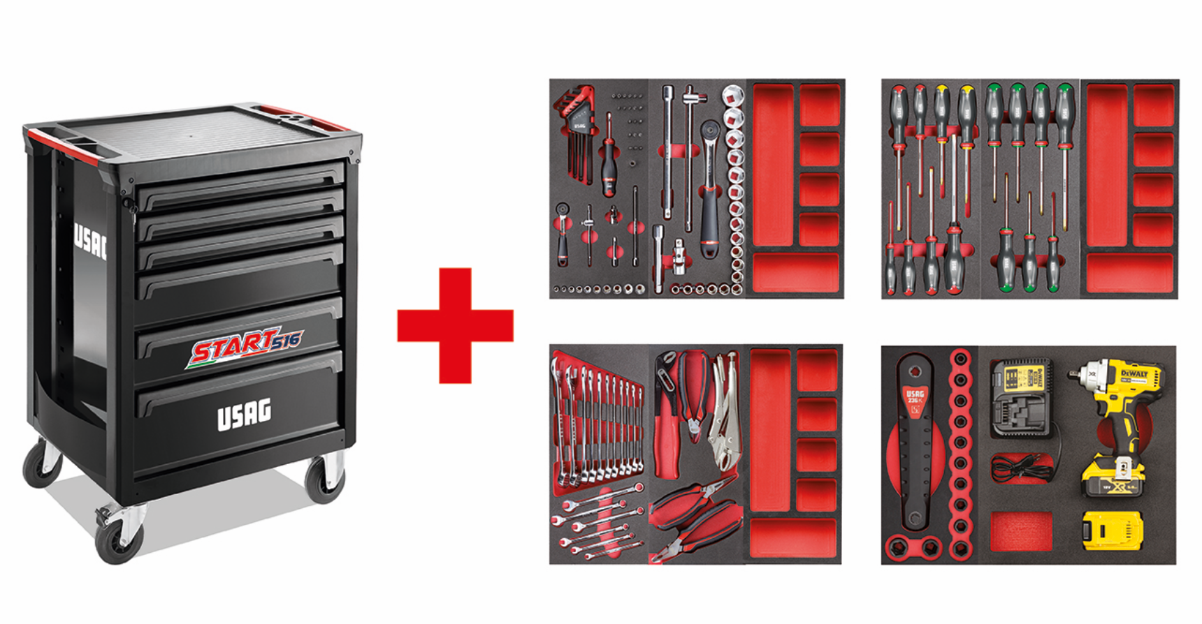 Carrello Usag 516 START con assortimento AUTORIPARAZIONE 122pz con avvitatore impulsi DeWalt