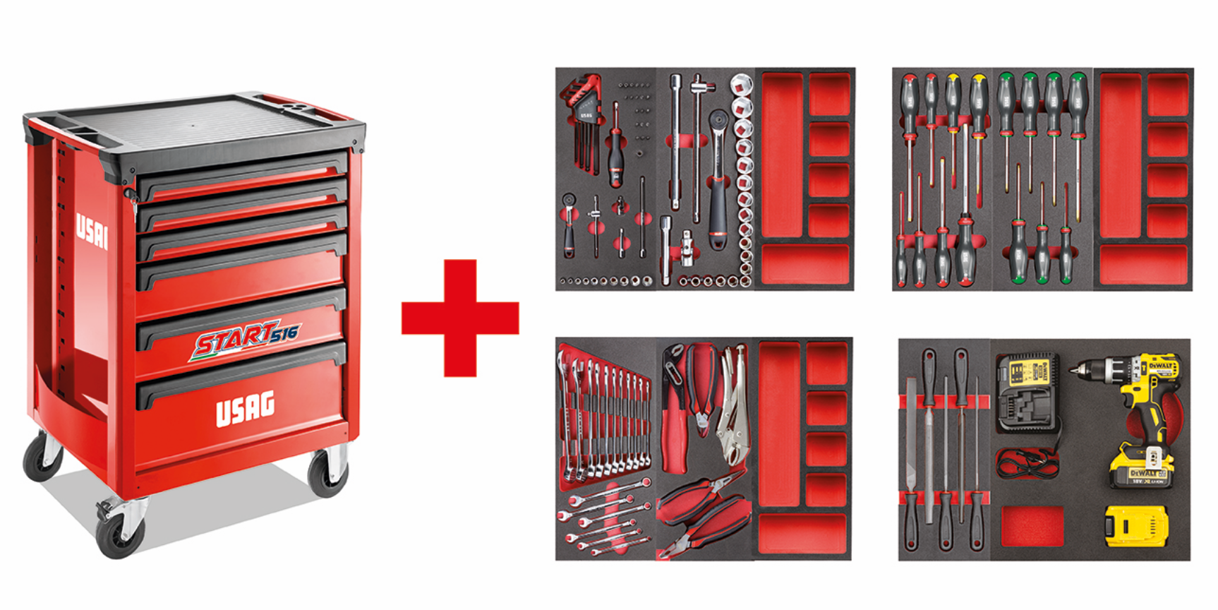 Carrello Usag 516 START con assortimento MANUTENZIONE 113 pz con avvitatore DeWalt
