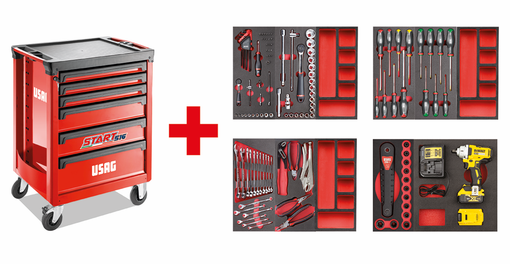 Carrello Usag 516 START con assortimento AUTORIPARAZIONE 122pz con avvitatore impulsi DeWalt