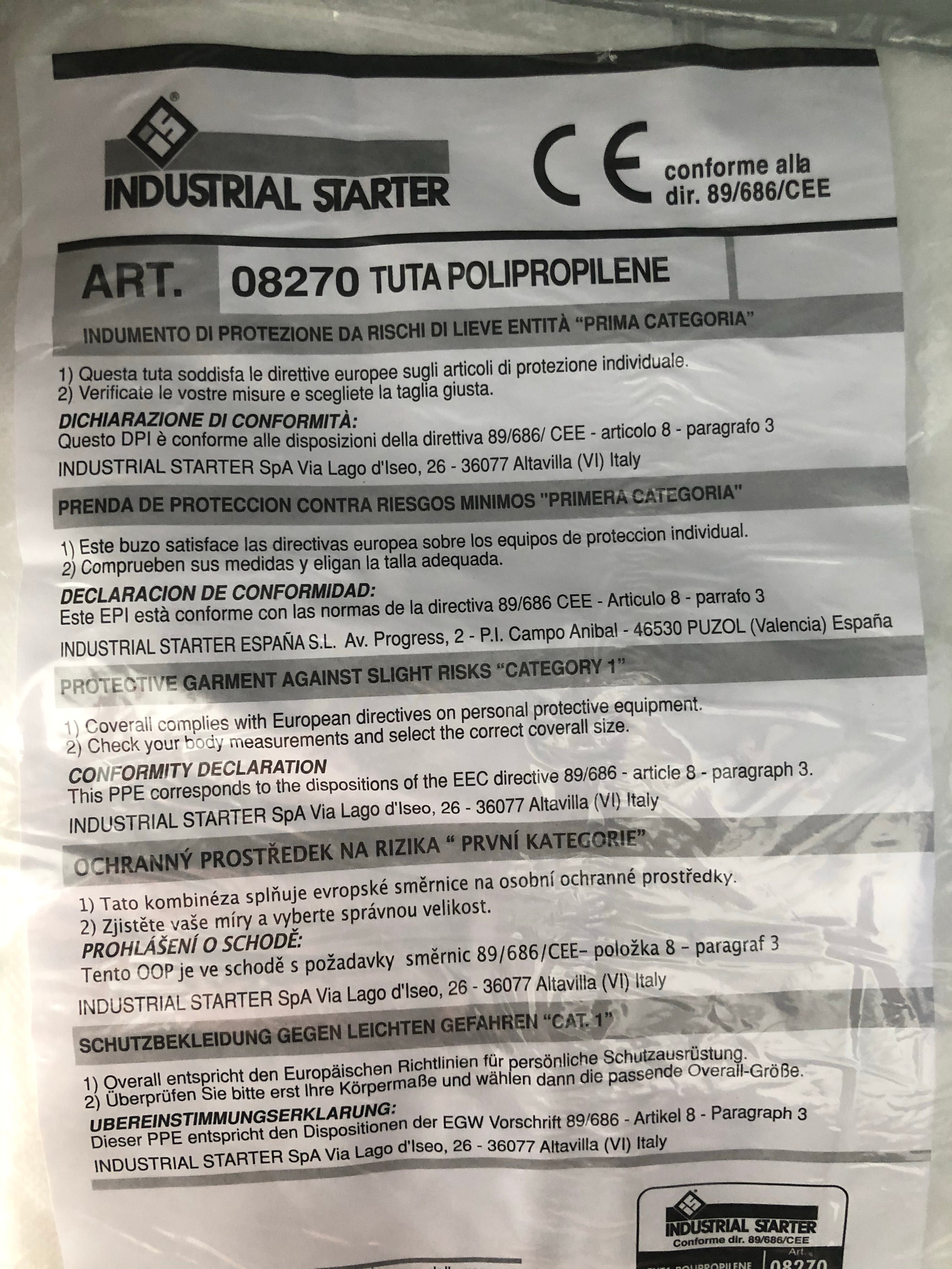 Tuta bianca CAT.1 SPP POLIPROPILENE Industrial Starter 08270