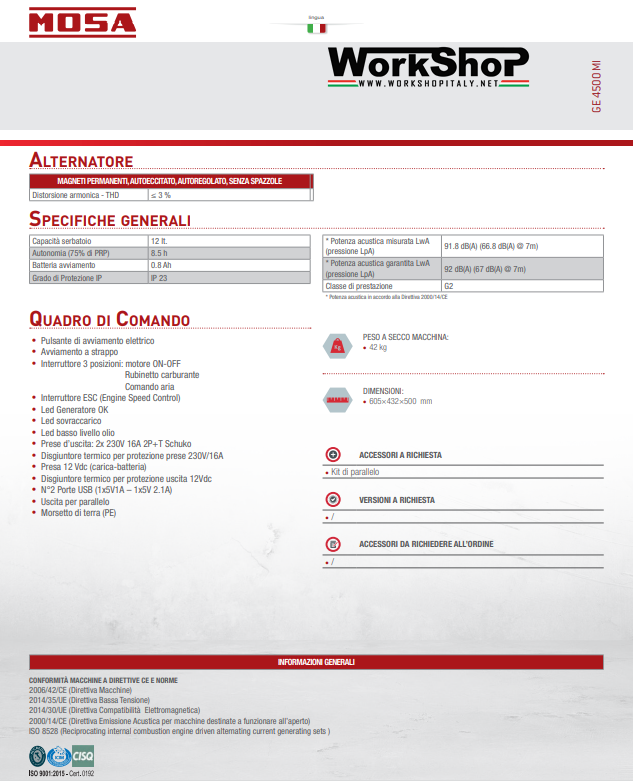 Generatore corrente Mosa GE4500 Inverter Supersilenziato GE 4500 MI 4,2KW