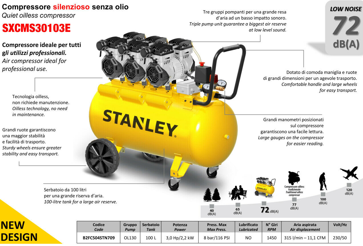Compressore silenziato Stanley DST 370/8/100-3 100 lt 3hp