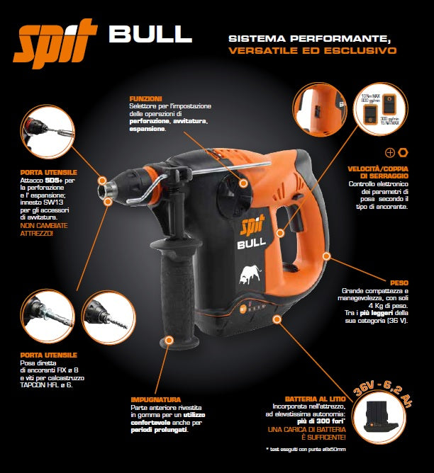 Tassellatore ancorante a batteria SPITBULL Spit 36v 6,2Ah + ACCESSORI