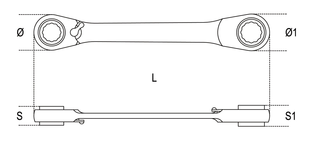 Chiavi poligonali doppie piegate a cricchetto reversibile cromate Beta 195P - Disegno con misure