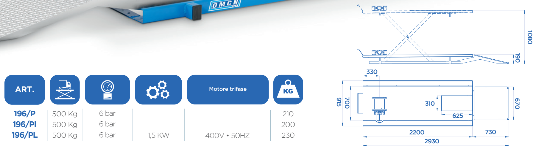 Sollevatore per moto 196 OMCN 196/PL - Portata 500 kg CON POMPA ELETTROIDRAULICA
