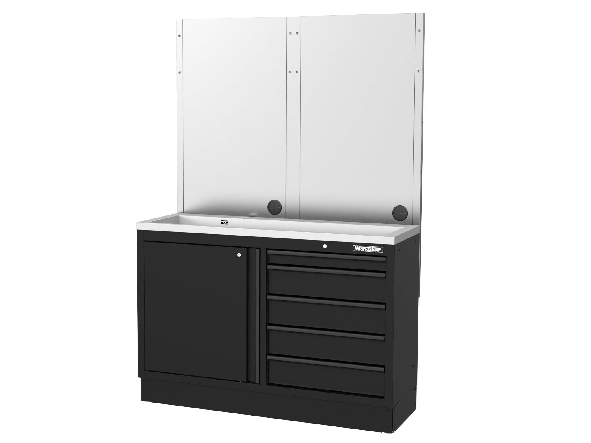 Mobile Officina Workshopitaly MPS multi funzione, lavello largo, piano di appoggio INOX con pannellatura