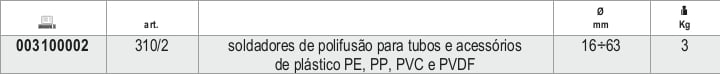 Polifusori per saldatura tubi e raccordi in materiale plastico PE, PP, PVC e PVDF Beta 310 - Tabella misure