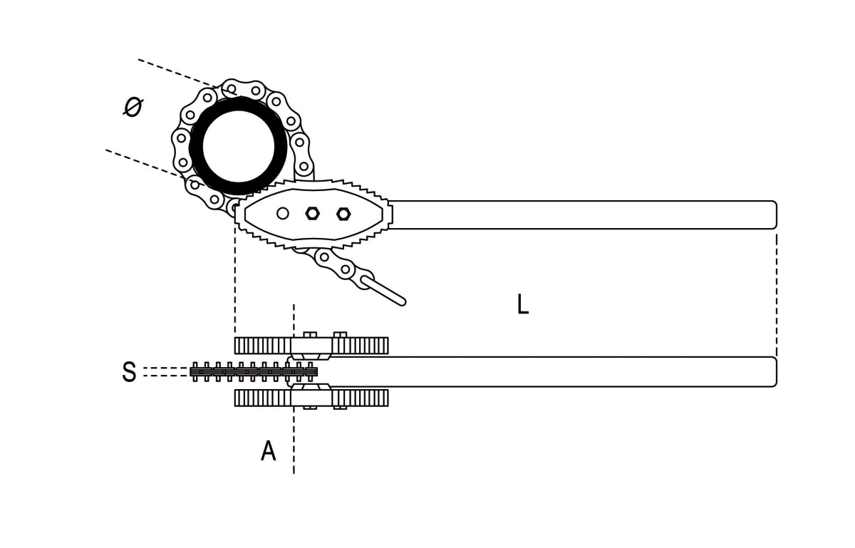 Giratubi reversibili a catena modello pesante Beta 386A - Disegno con misure