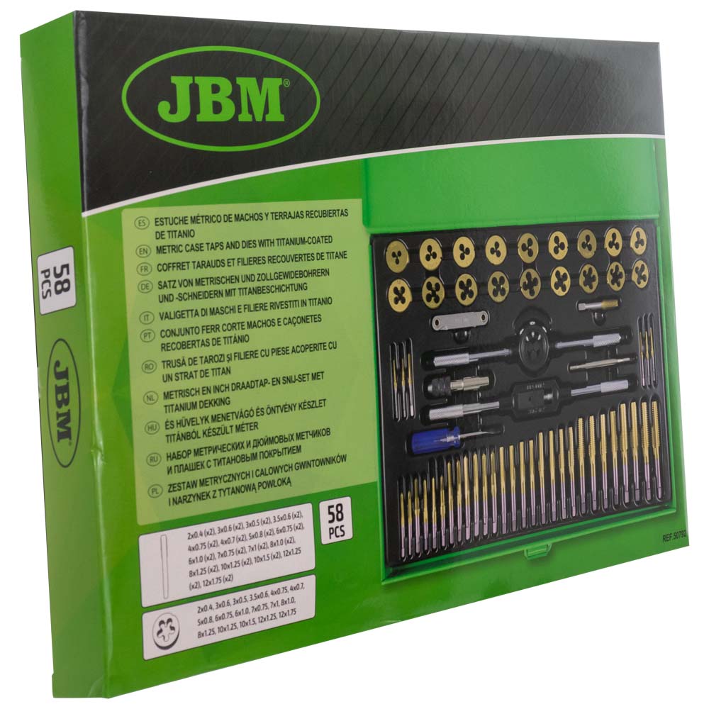 SET DI 58 PIEZZI DI MASCHI E FILIERE RIVESTITI IN TITANIO PASSO METRICO JBM 50792