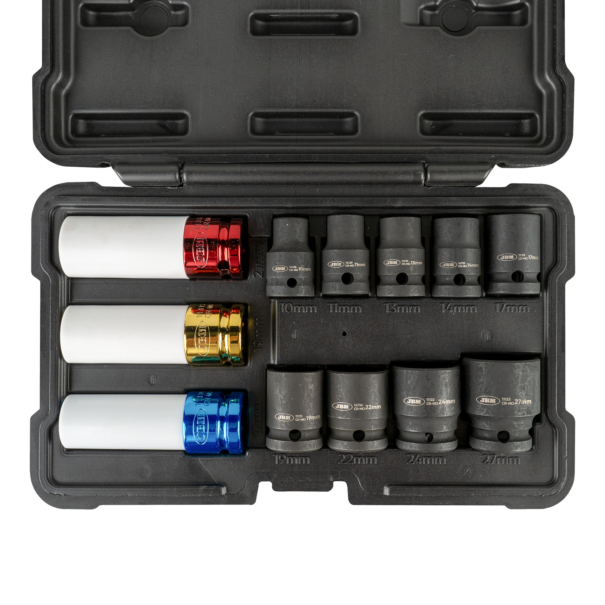 PISTOLA A IMPATTO BRUSHLESS A BATTERIA DA 1/2" 1000NM CON VALIGETTA 60051C + SET DA 12 BUSSOLE 52343 JBM SERIE 551