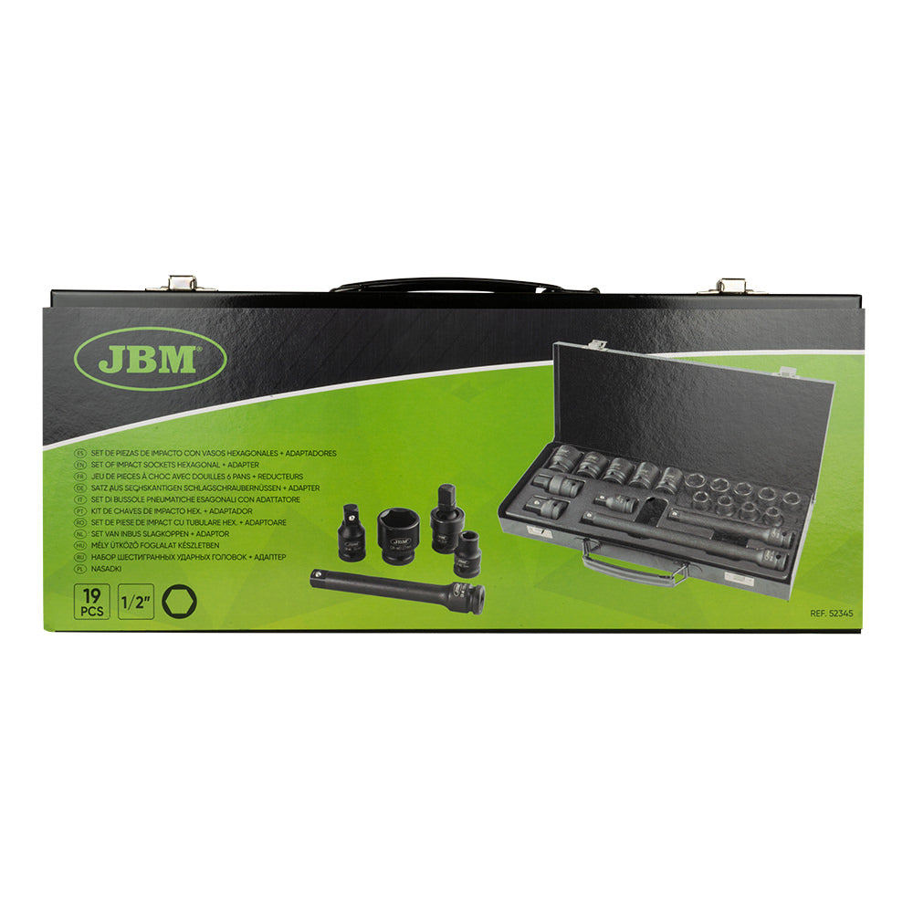 Set di bussole a impatto da 19 pezzi da 1/2" con 14 bussole esagonali + adattatori JBM 52345