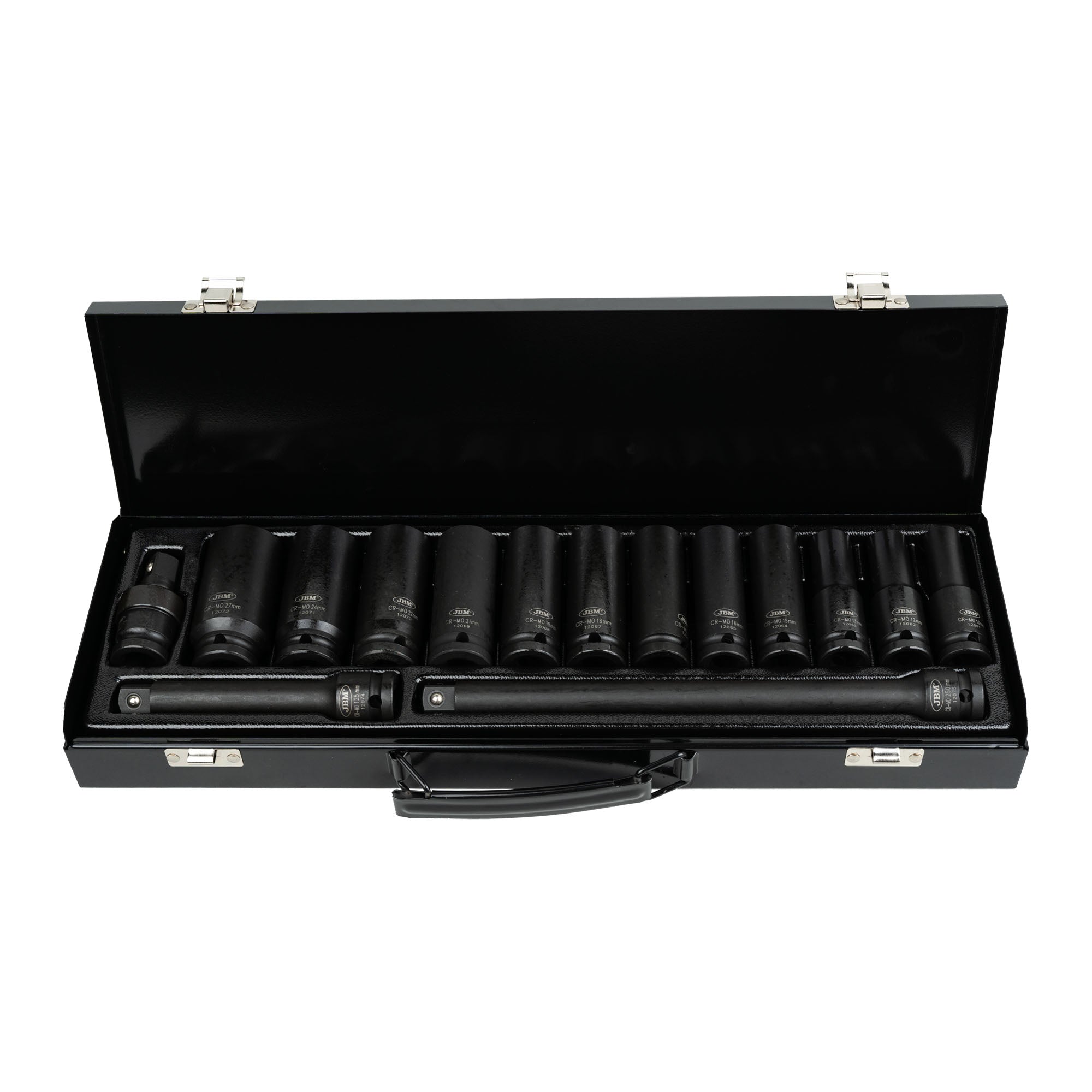 SET DI IMPATTI DA 15 PEZZI CON 12 BUSSOLE ESAGONALI LUNGHE DA 1/2" + ADATTATORI JBM 52346