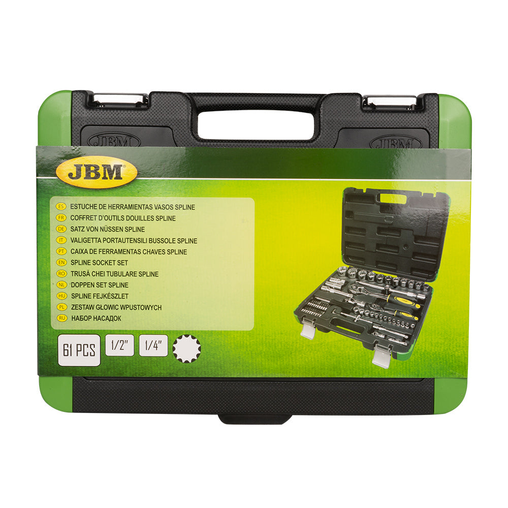 VALIGETTA DI UTENSILI DA 60 PEZZI CON BUSSOLE SPLINE DA 1/2" E 1/4" CROMATE JBM 53108