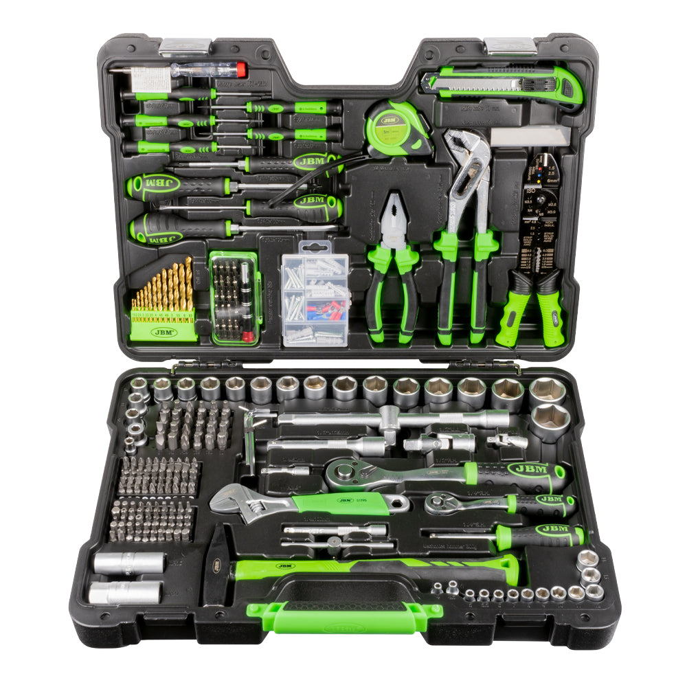 TRAPANO A PERCUSSIONE 12V BRUSHLESS CON CUSTODIA 60058C + 53212 SET DI UTENSILI DA 302 PEZZI JBM SERIE585