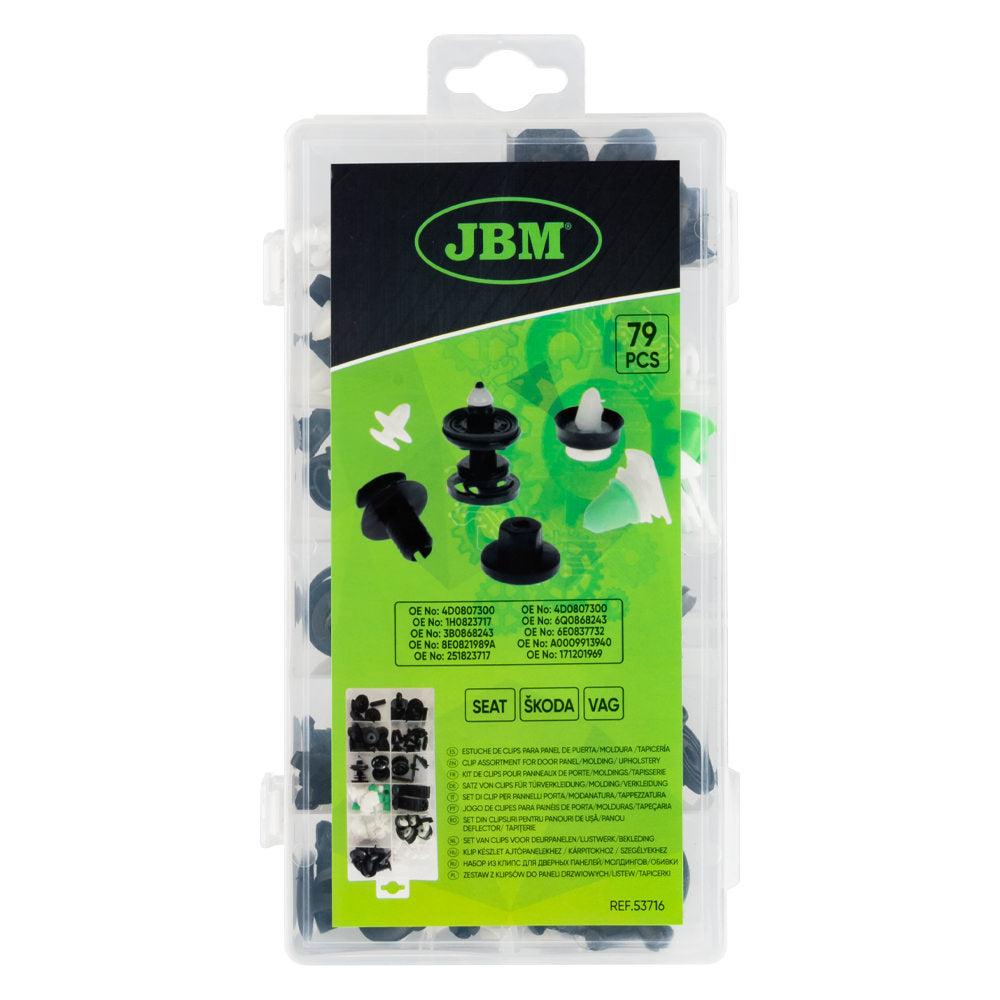 ASSORTIMENTO DI 79 PZ. CLIP PER PANNELLI PORTA/MODANATURA/TAPPEZZATURA VAG/SEAT/SKODA 53716 JBM