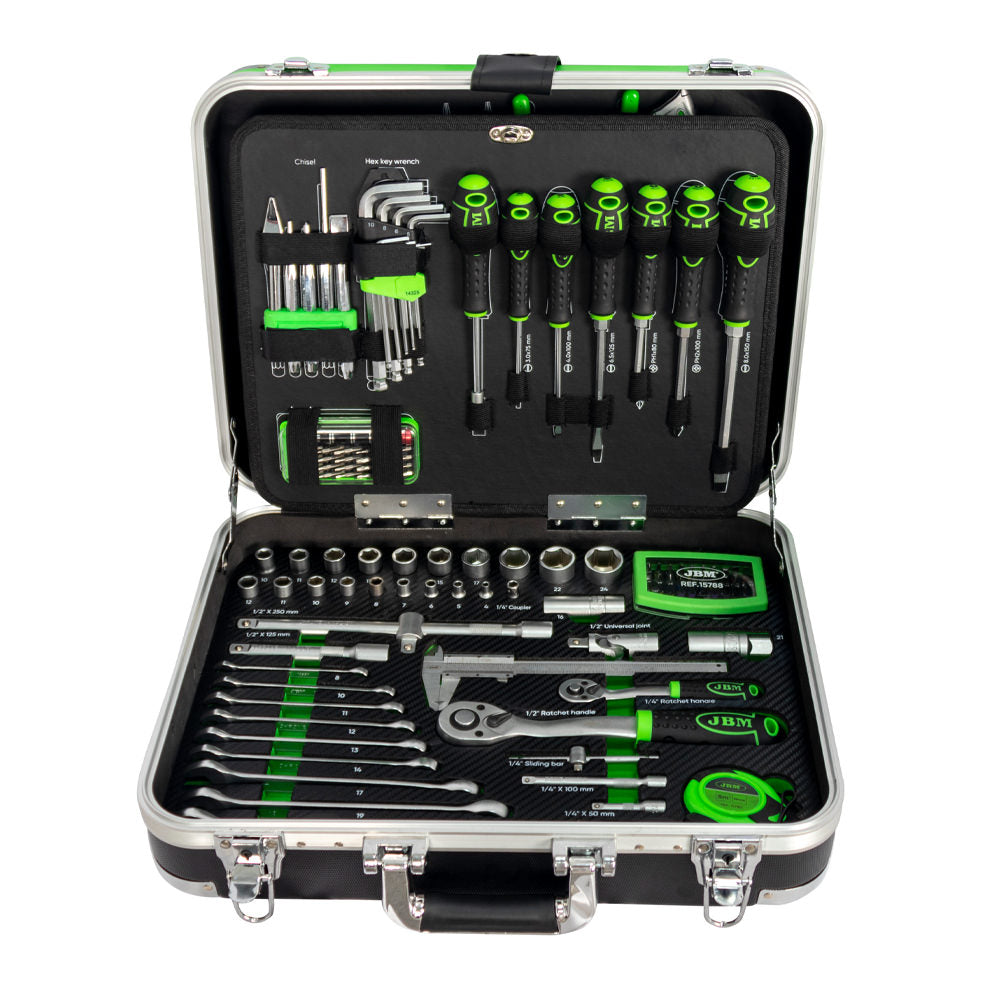 SET DI UTENSILI DA 135 PEZZI IN ALLUMINIO CON BUSSOLE DA 1/4" E 1/2" – FINITURA ZINCATA JBM  53928