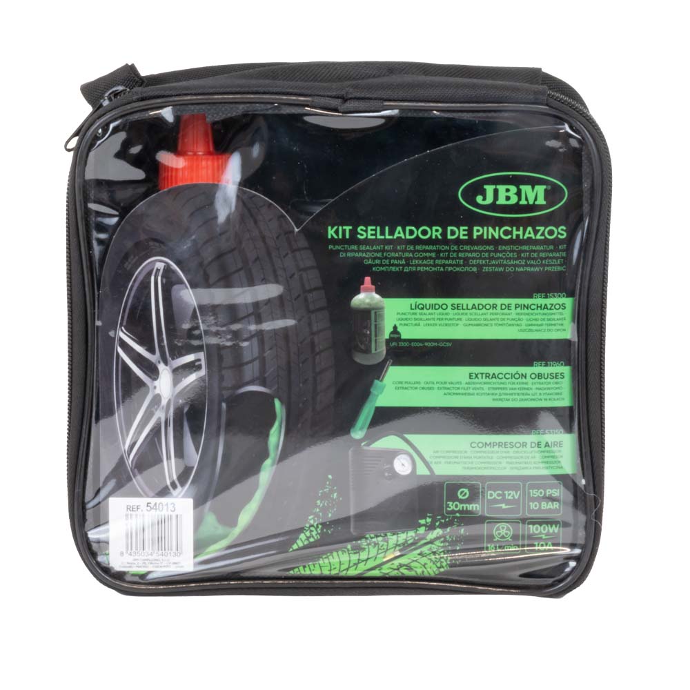 KIT DI RIPARAZIONE PNEUMATICI - LIQUIDO SIGILLANTE E COMPRESSORE D'ARIA 54013 JBM