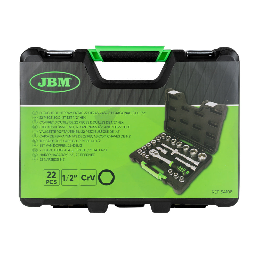 VALIGETTA DI UTENSILI DA 22 PEZZI CON BUSSOLE ESAGONALI DA 1/2" SATINATE 54108