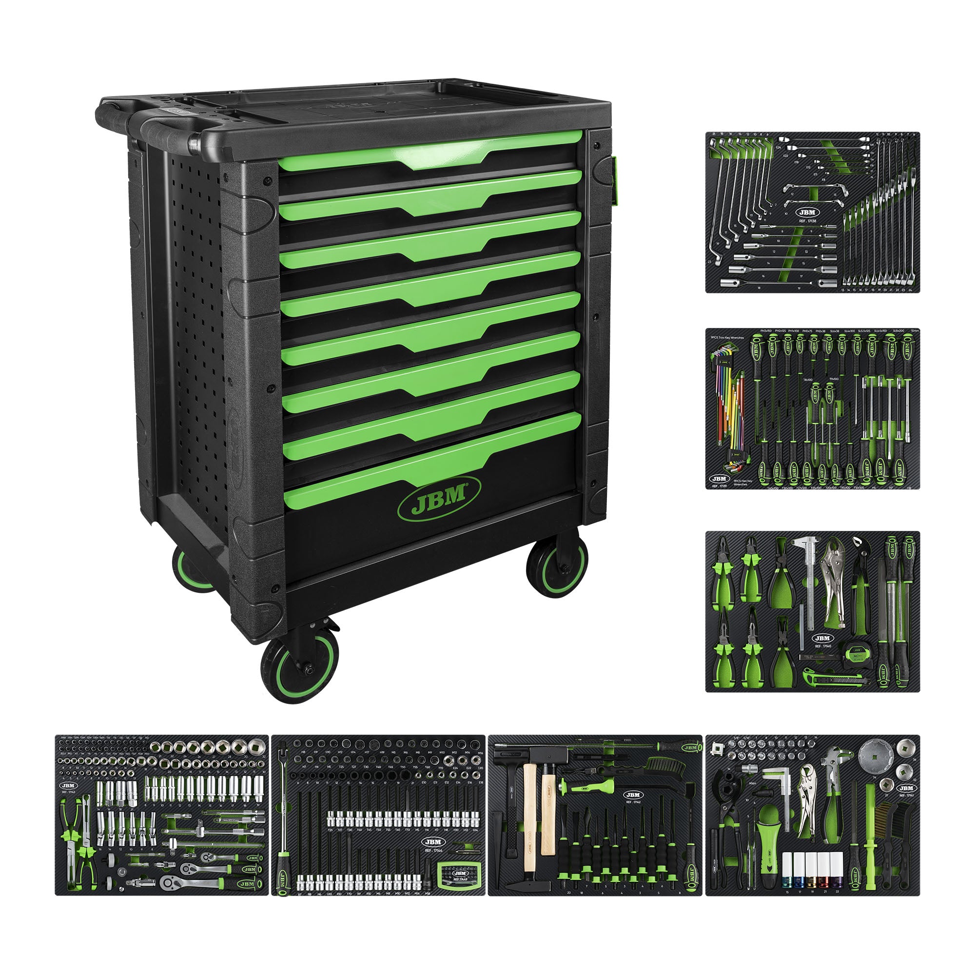 CARRELLO CON 8 CASSETTI VERDE - CON UTENSILI 289 PEZZI 54718 JBM