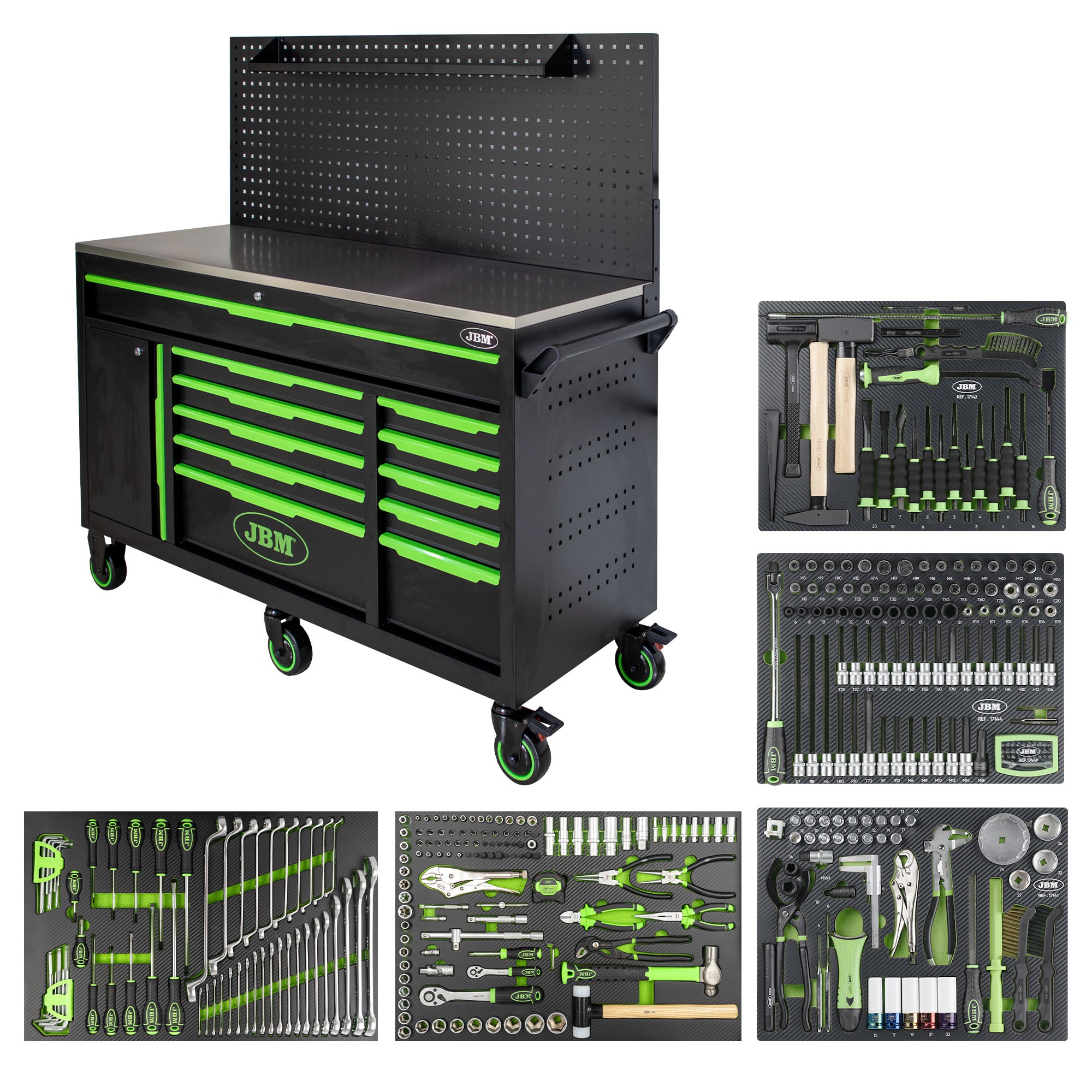 CARRELLO CON 11 CASSETTI E PANNELLO FORATO - CON UTENSILI 332 PEZZI 54724 JBM