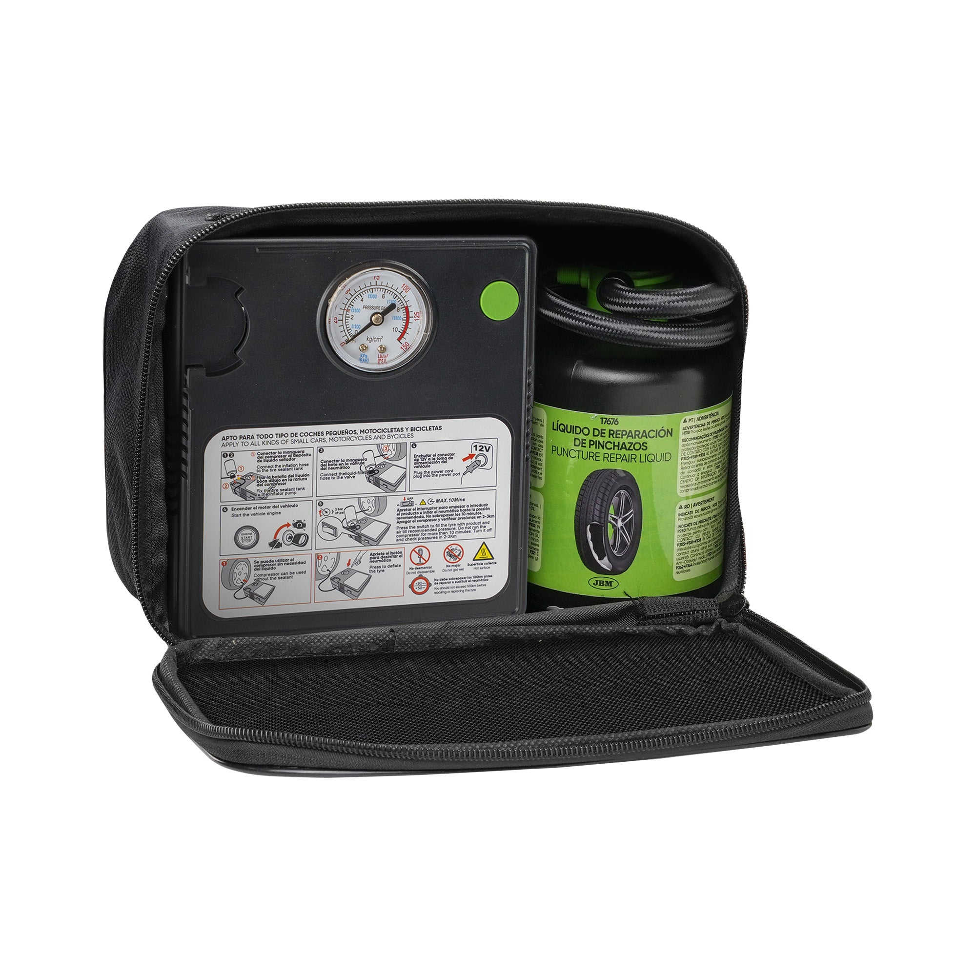 KIT DI RIPARAZIONE PNEUMATICI - LIQUIDO SIGILLANTE E COMPRESSORE D'ARIA 54760 JBM