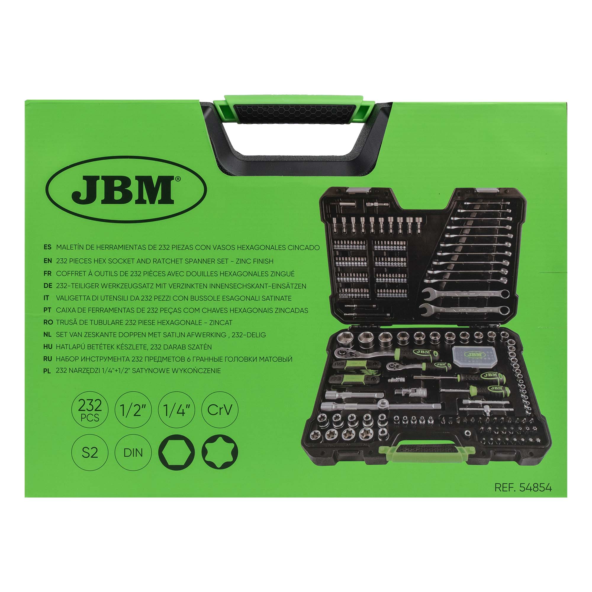 VALIGETTA DI UTENSILI DA 232 PEZZI CON BUSSOLE ESAGONALI SATINATE JBM 54854