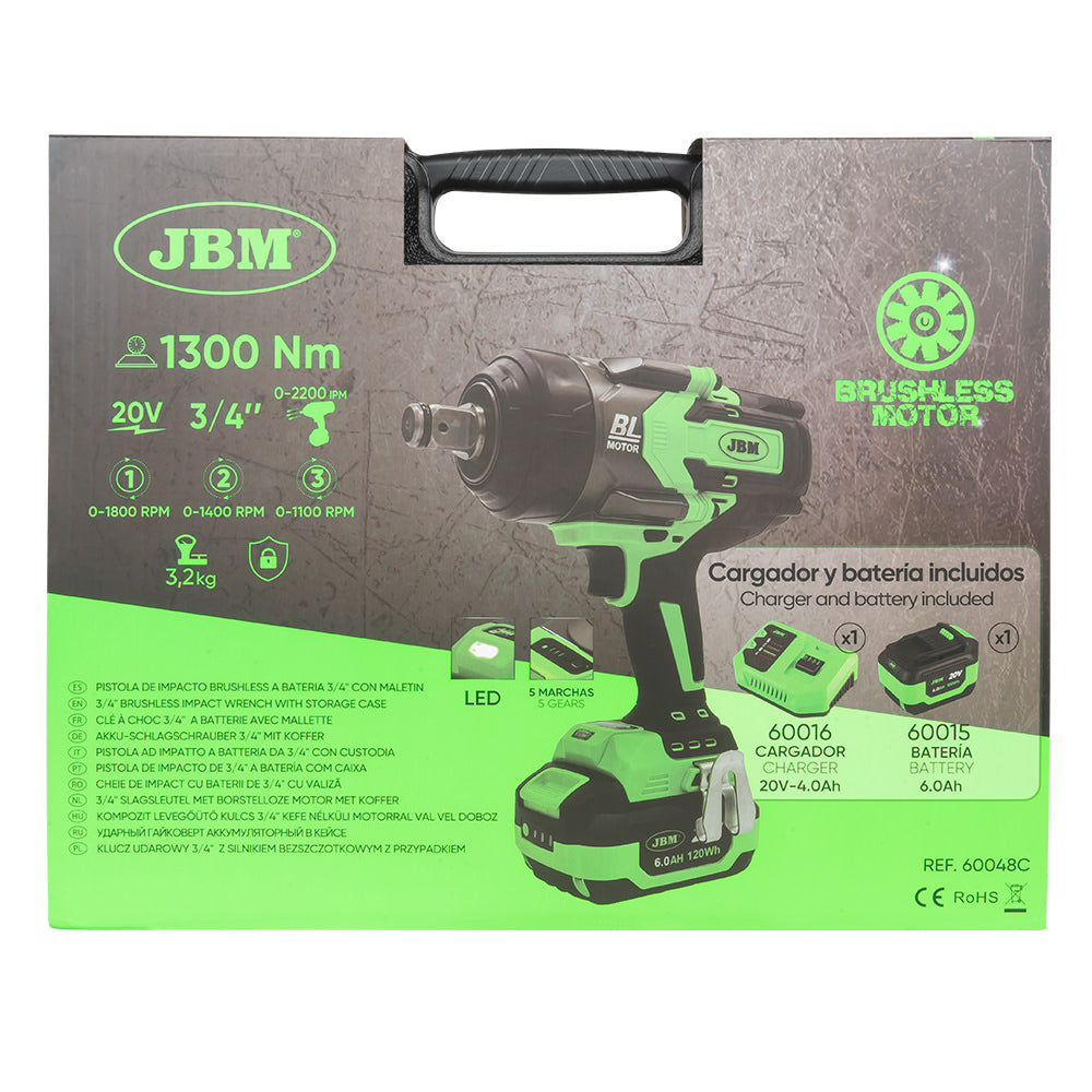 AVVITATORE PNEUMATICO BRUSHLESS A BATTERIA 3/4" 1300NM CON VALIGETTA 60048C JBM