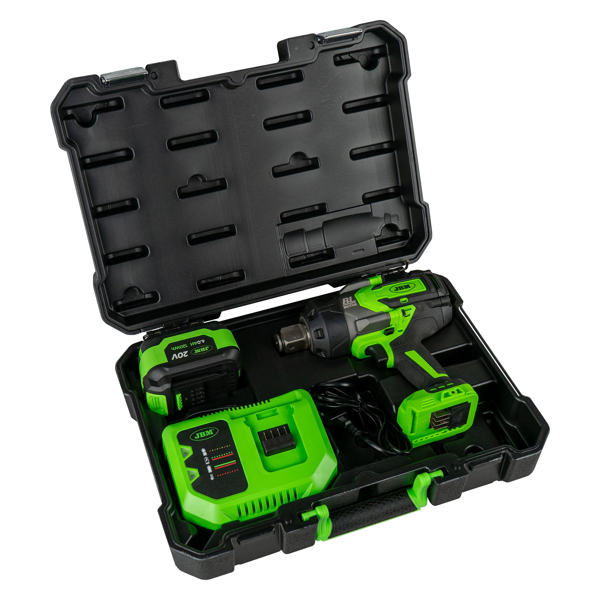 PISTOLA A IMPATTO BRUSHLESS A BATTERIA DA 1" 2300NM CON VALIGETTA 60050C   + SET DA 8 BUSSOLE 52348 JBM SERIE 550