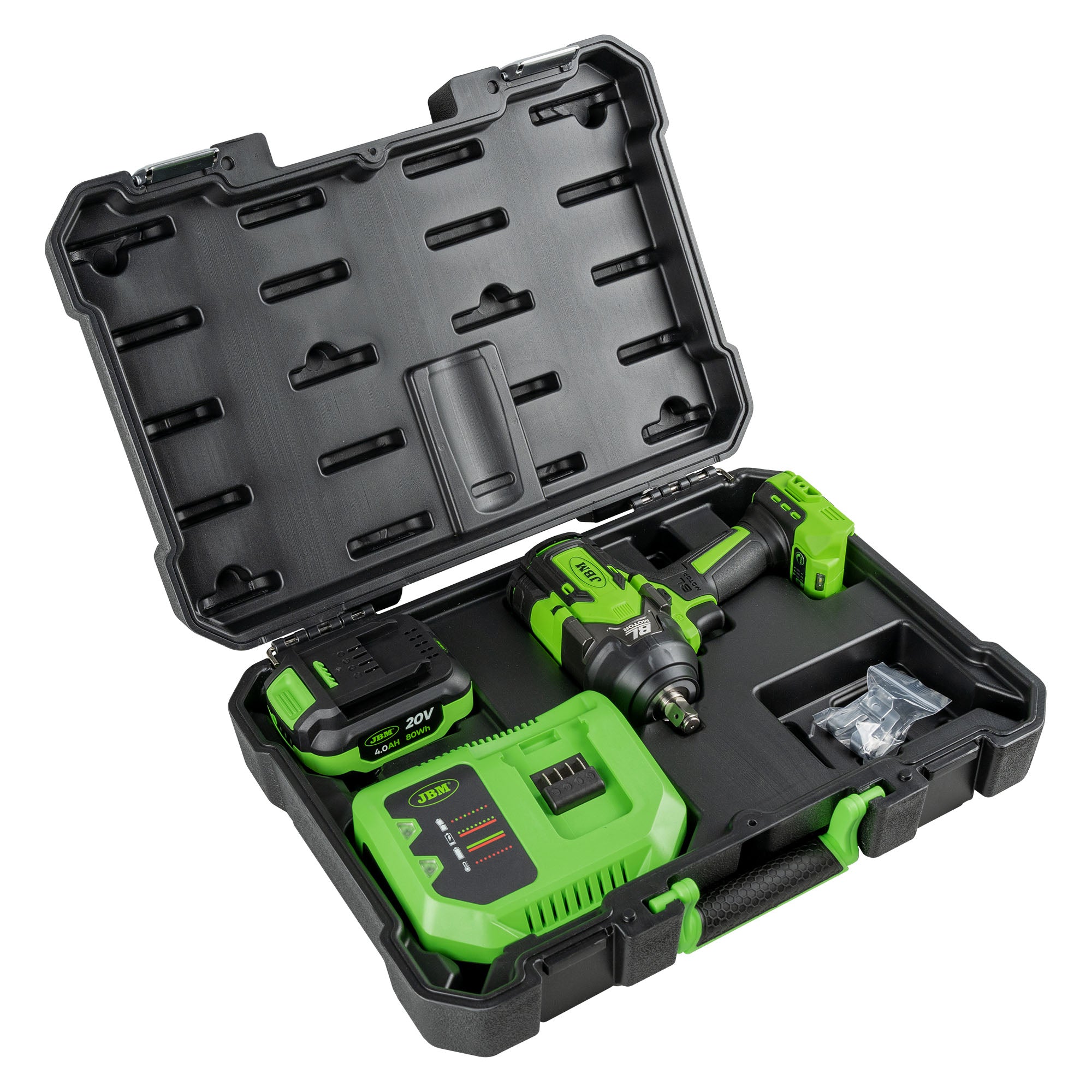 PISTOLA A IMPATTO BRUSHLESS A BATTERIA DA 1/2" 1000NM CON VALIGETTA 60051C + SET DA 12 BUSSOLE 52343 JBM SERIE 551