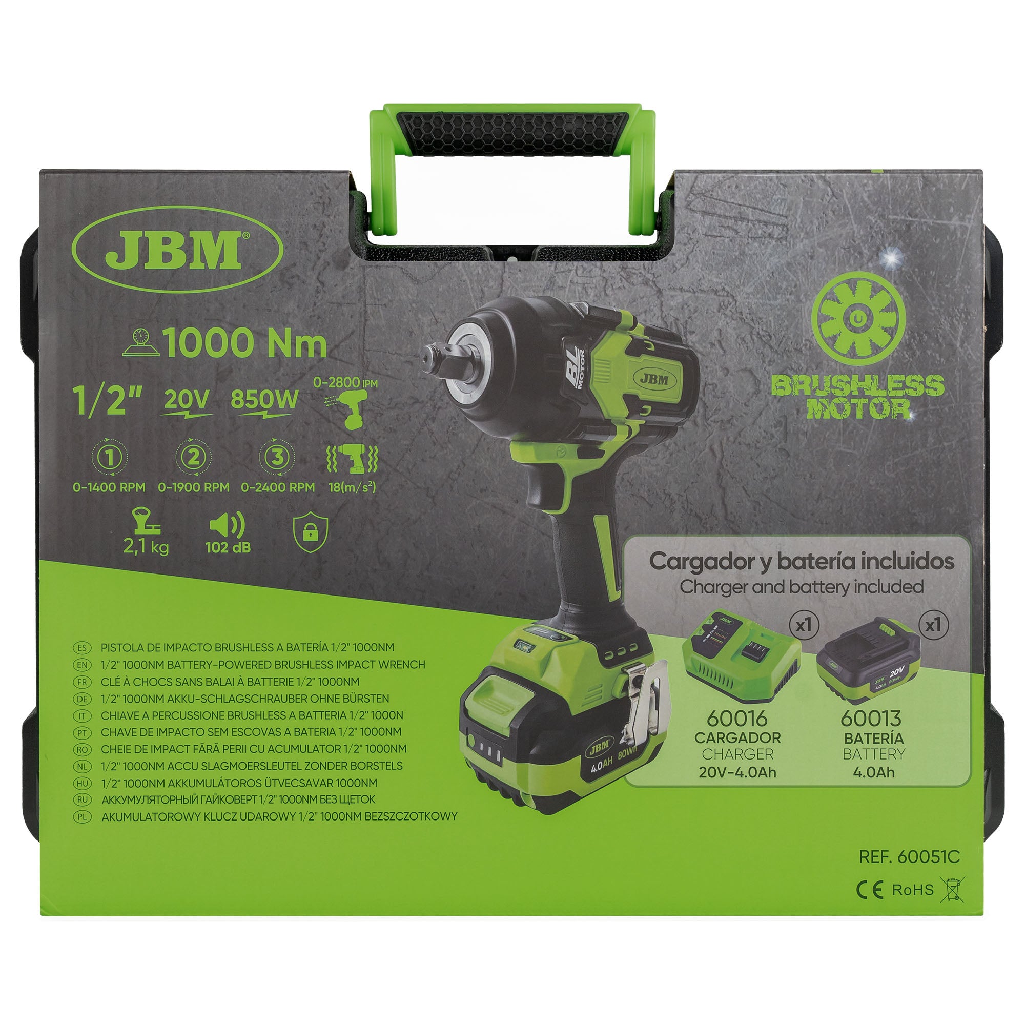 PISTOLA A IMPATTO BRUSHLESS A BATTERIA DA 1/2" 1000NM CON VALIGETTA 60051C + SET DA 12 BUSSOLE 52343 JBM SERIE 551