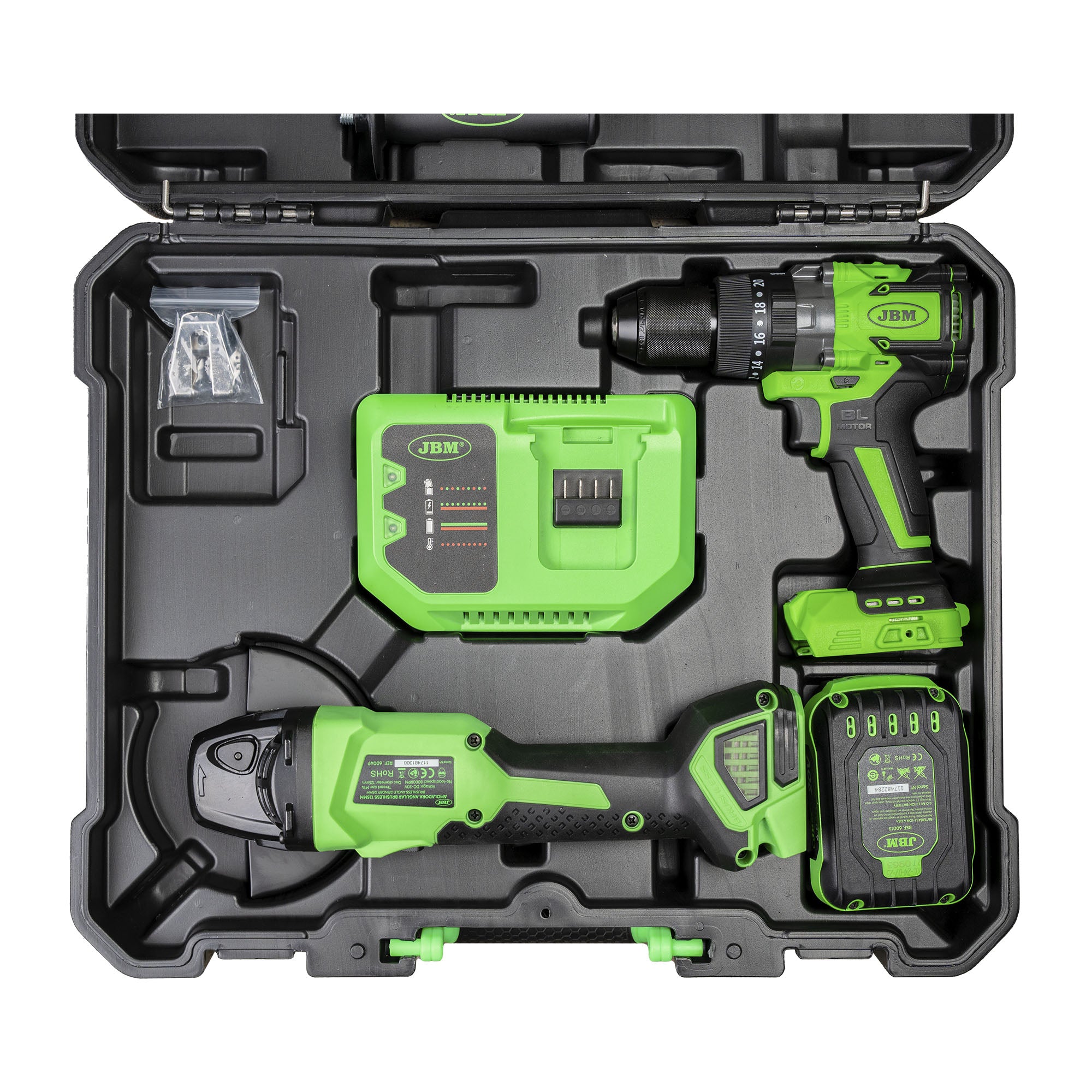 KIT SMERIGLIATRICE ANGOLARE E TRAPANO A PERCUSSIONE A BATTERIA CON CUSTODIA JBM  60053C