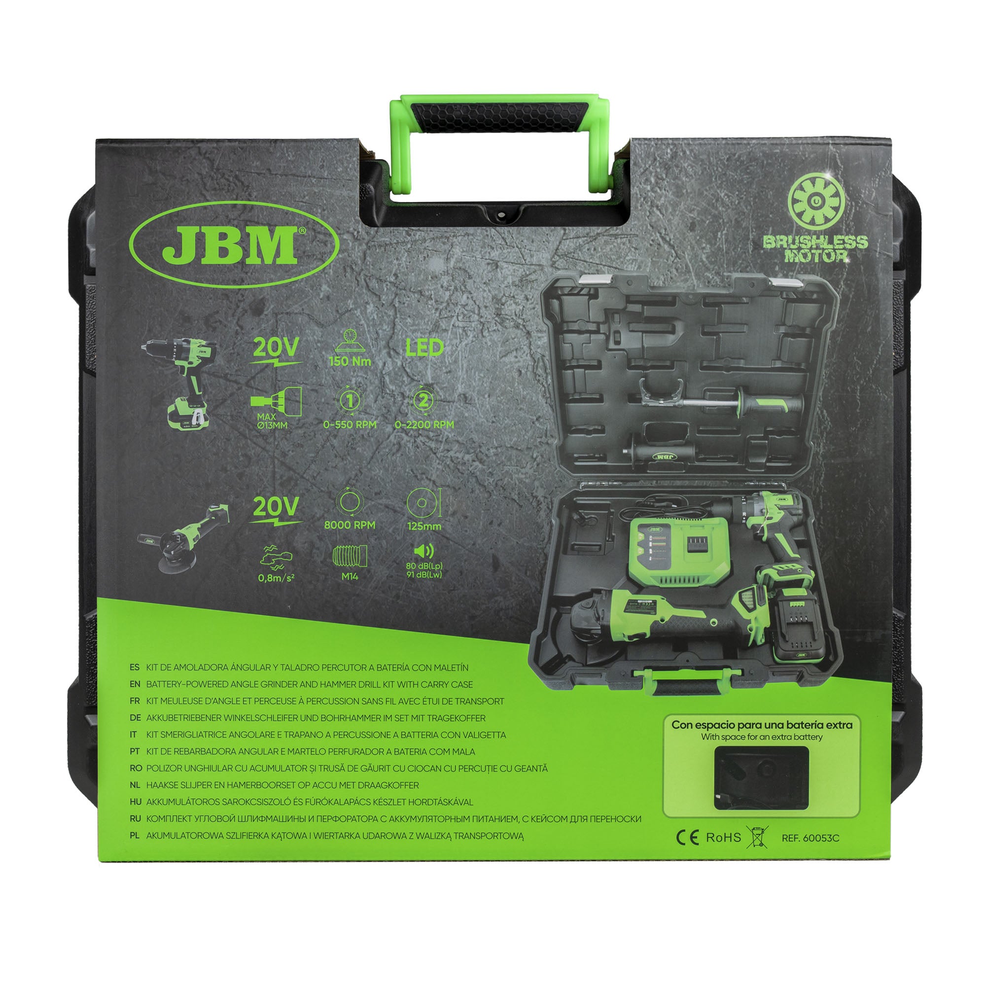 KIT SMERIGLIATRICE ANGOLARE E TRAPANO A PERCUSSIONE A BATTERIA CON CUSTODIA JBM  60053C