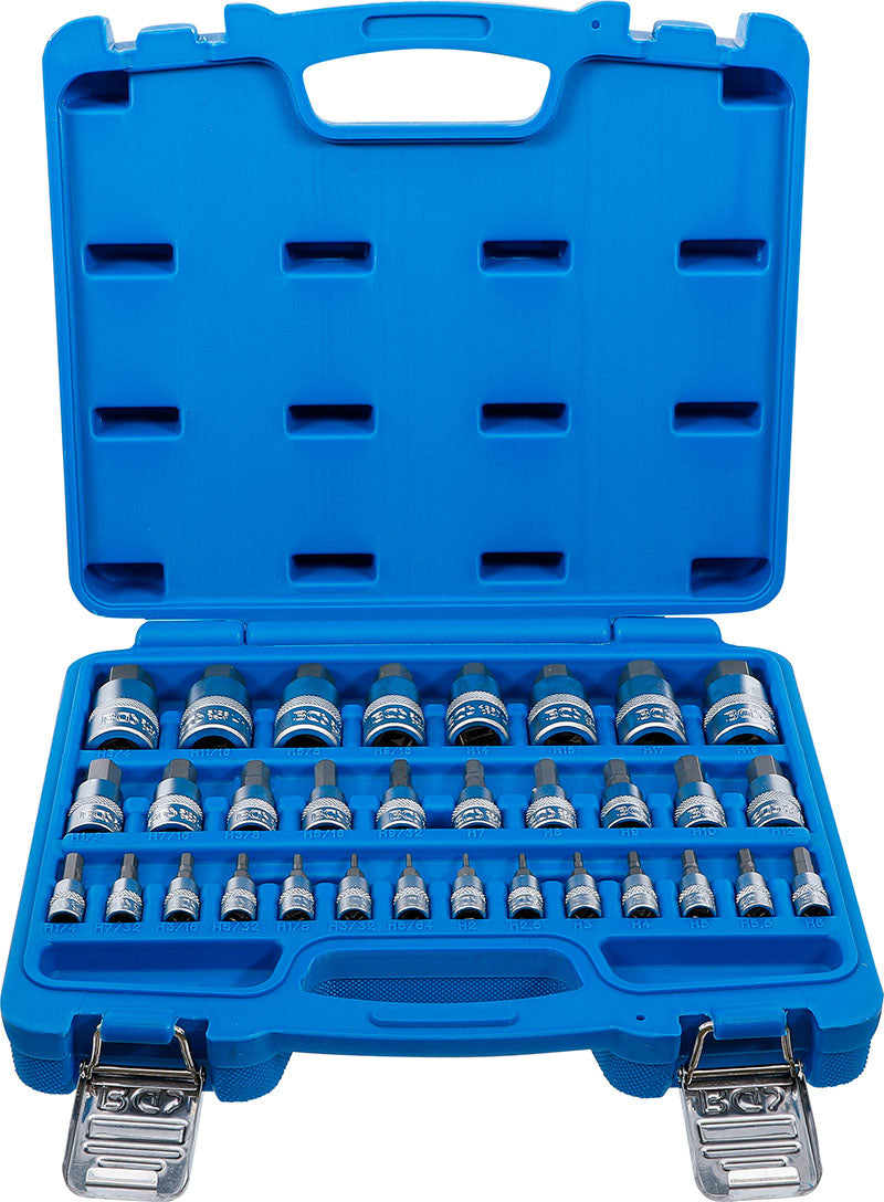 SET 32 PEZZI, CHIAVI A BUSSOLA ESAGONALI, METRICHE 2-19 MM & IN POLLICI 1/4 - 9/16”, ATT. 1/4”-3/8”-1/2” BGS74258