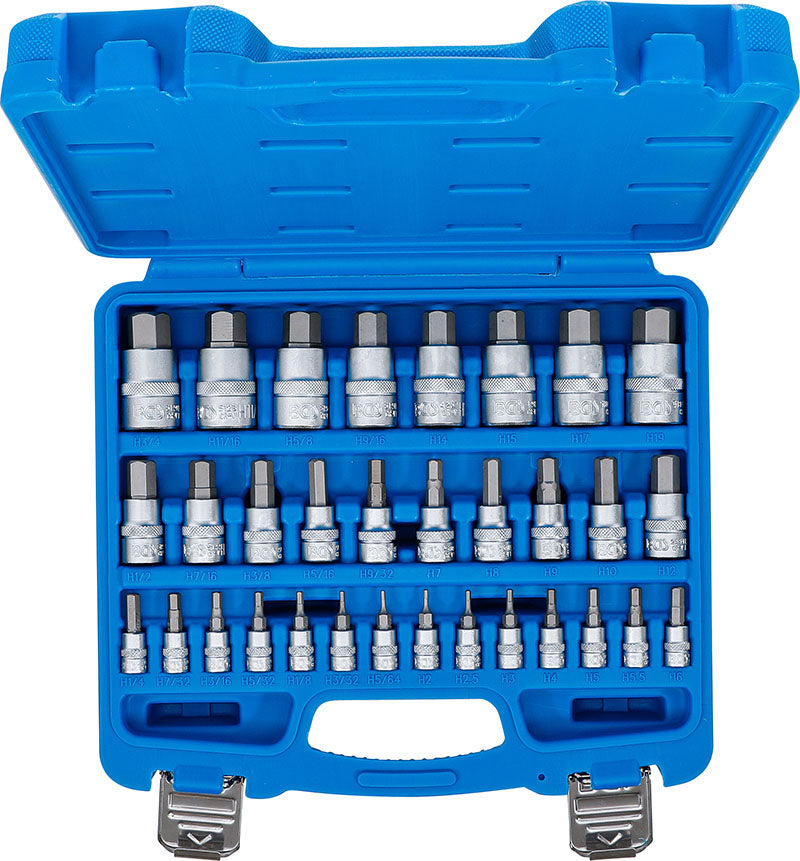 SET 32 PEZZI, CHIAVI A BUSSOLA ESAGONALI, METRICHE 2-19 MM & IN POLLICI 1/4 - 9/16”, ATT. 1/4”-3/8”-1/2” BGS74258